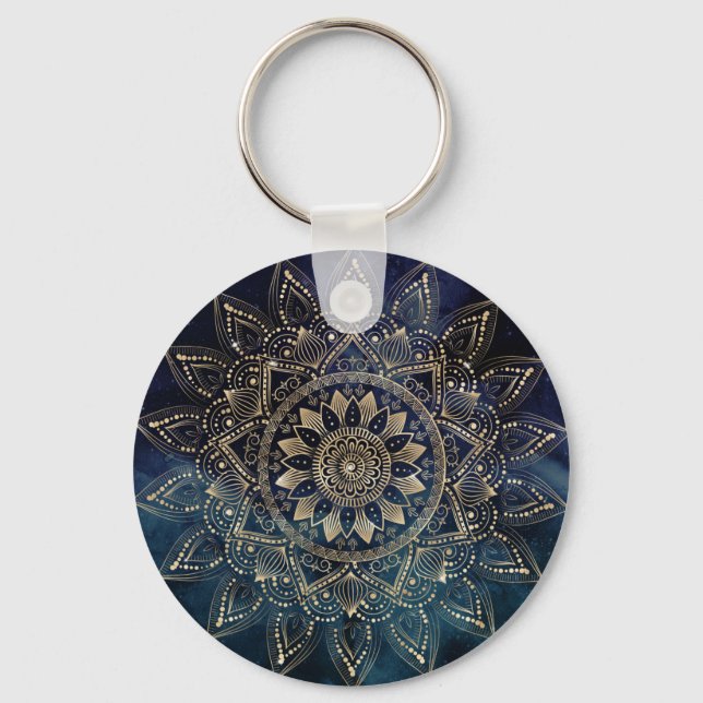 Elegant Gold Mandala Blue Galaxy Schlüsselanhänger (Vorderseite)