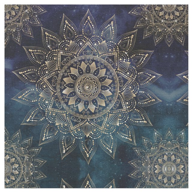 Elegant Gold Mandala Blue Galaxy Stoff (Nahaufnahme)