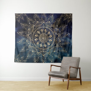 Elegant Gold Mandala Blue Galaxy Wandteppich