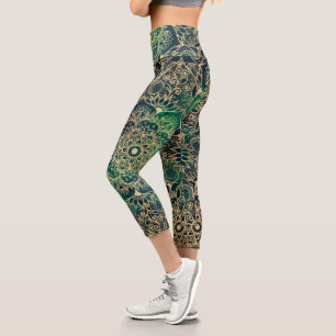 Elegant Gold Mandala Blumengrün Blau Capri Leggings