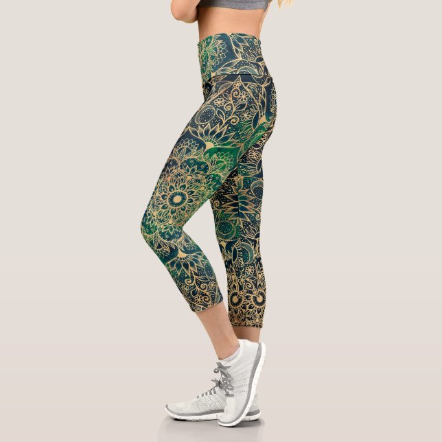 Elegant Gold Mandala Blumengrün Blau Capri Leggings (Links)