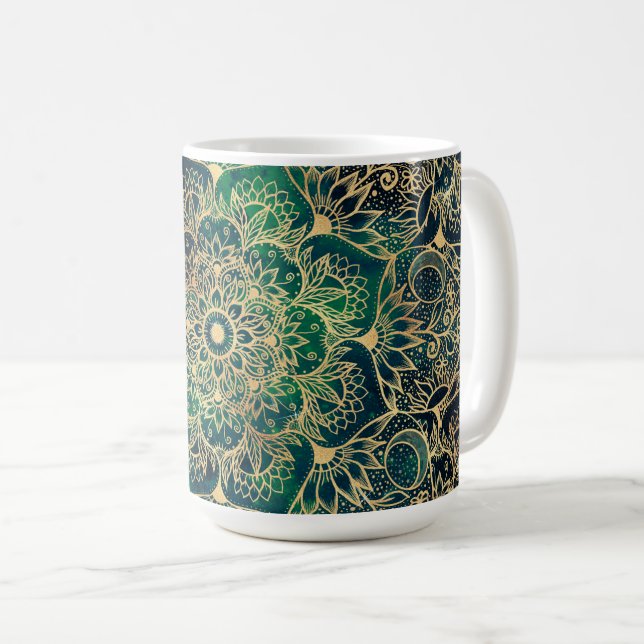 Elegant Gold Mandala Blumengrün Blau Kaffeetasse (VorderseiteRechts)