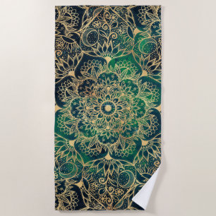 Elegant Gold Mandala Blumengrün Blau Strandtuch
