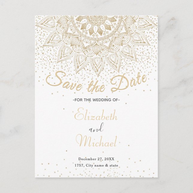 Elegant Gold Mandala Confetti Design Ankündigungspostkarte (Vorderseite)