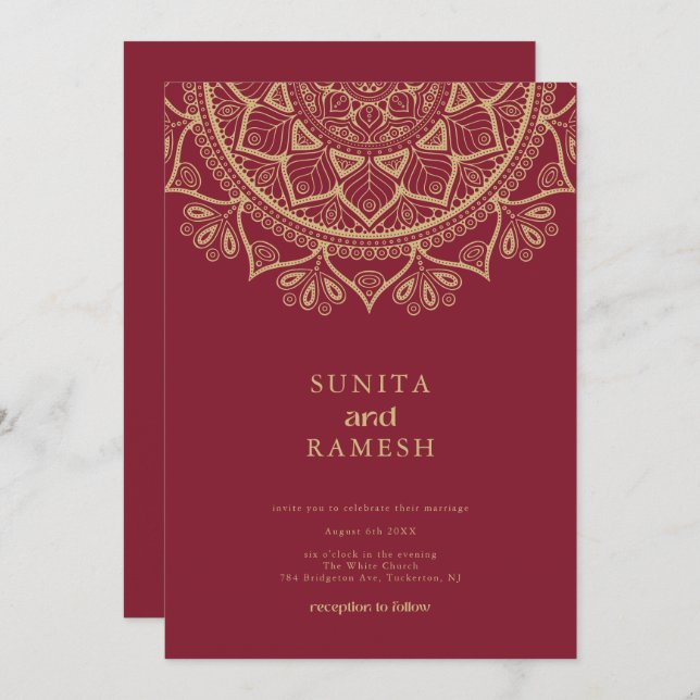 Elegant Gold Mandala Dark Red Indian Wedding Einladung (Vorne/Hinten)