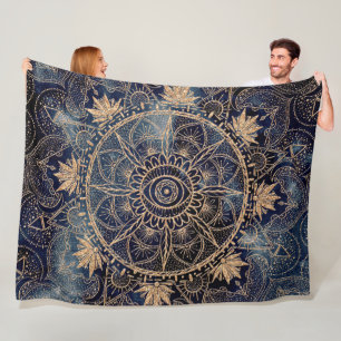Elegant Gold Mandala Eye Sun Moon Navy Blue Fleecedecke