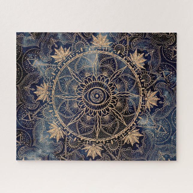 Elegant Gold Mandala Eye Sun Moon Navy Blue Puzzle (Horizontal)