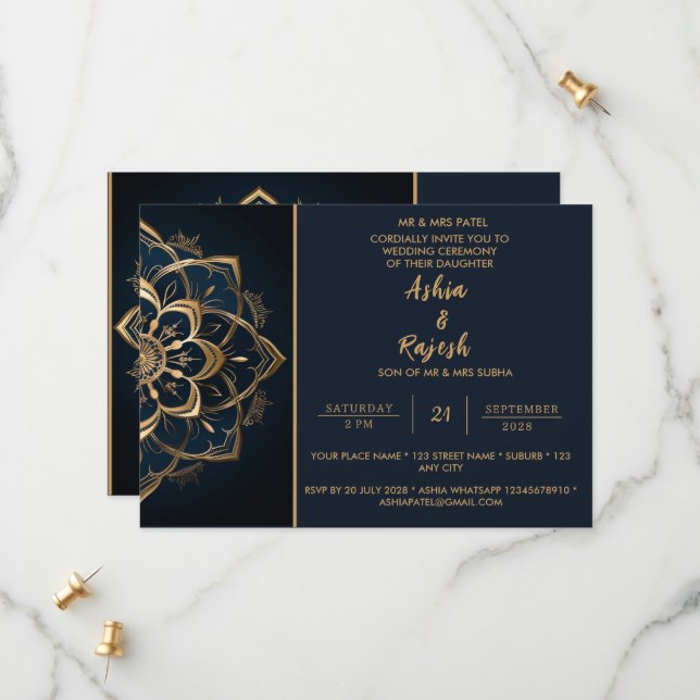 Elegant Gold Mandala Wedding Einladung (Vorderseite/Rückseite Beispiel)