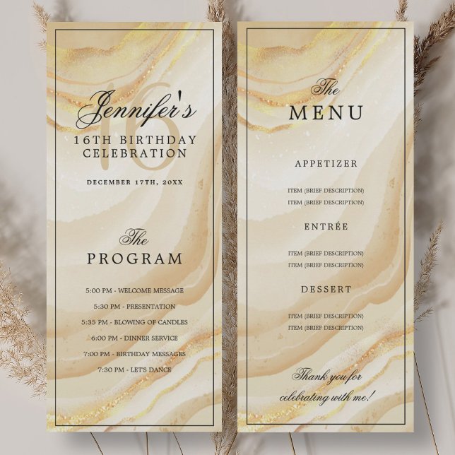 Elegant Gold Marble 16th Birthday Program Menu  Einladung (Elegant Gold Marble 16th Birthday Program Menu)