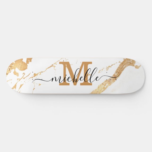 Elegant Gold Marble Monogram Script Skateboard (Horizontal)