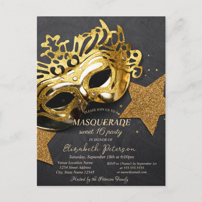 Elegant Gold Masque Stars Sweet 16 Einladungspostkarte (Vorderseite)