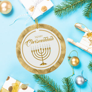 Elegant Gold Menorah Hanukkah Merry Chrismukkah Keramik Ornament