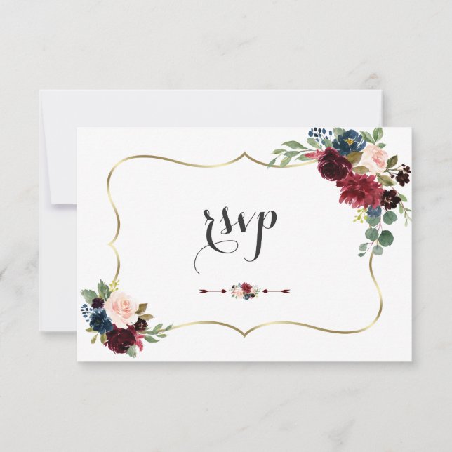 Elegant Gold Merlot Navy Blue Floral Wedding RSVP Karte (Vorderseite)