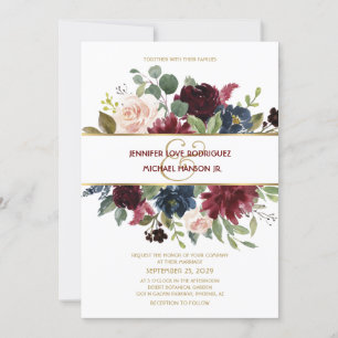 Elegant Gold Merlot Navy Blumenstrauß Hochzeit Einladung