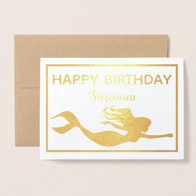 Elegant Gold Mermaid Happy Birthday Real Folienkarte (Vorderseite mit Umschlag)