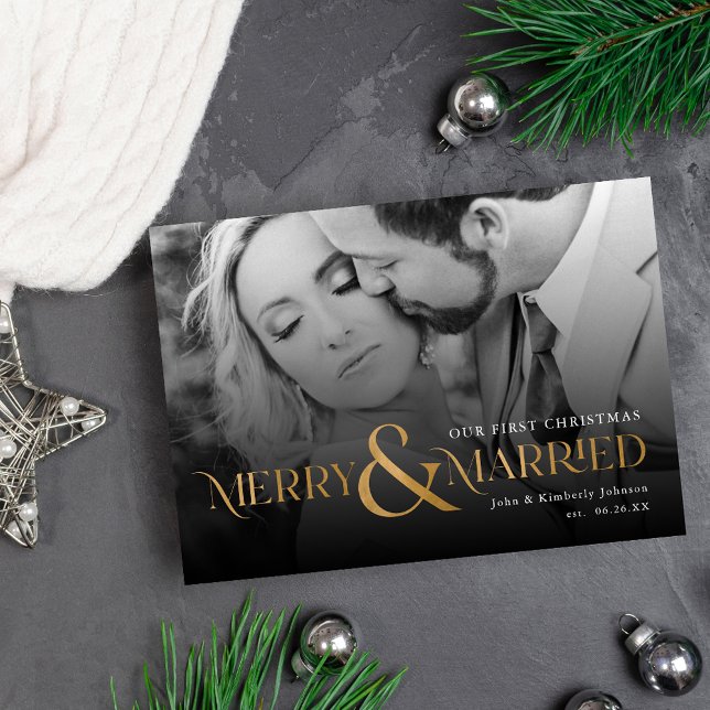 Elegant Gold Merry and Married Photo Holiday Card Einladung (Von Creator hochgeladen)