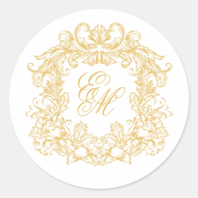 Elegant Gold Monogram Crest Vintage Wedding Runder Aufkleber (Vorderseite)
