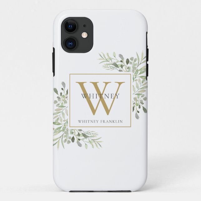 Elegant Gold Monogram Floral Greenery Case-Mate iPhone Hülle (Rückseite)