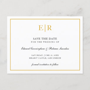 Elegant Gold Monogram Formal Wedding Save the Date Ankündigungspostkarte