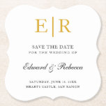 Elegant Gold Monogram Formal Wedding Save the Date Untersetzer<br><div class="desc">Elegante Save the Date Untersetzer mit Ihren zwei ersten Monogramm in Imitat Gold,  innerhalb eines Randes,  über einen weißen Hintergrund. Dieses elegante Design eignet sich hervorragend für eine feierliche Hochzeit.</div>