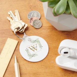 Elegant Gold Monogram Greenery Personalisiert Schlüsselanhänger