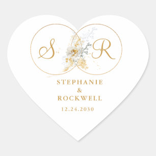 Elegant Gold Monogram Name Initial Wedding Heart Herz-Aufkleber