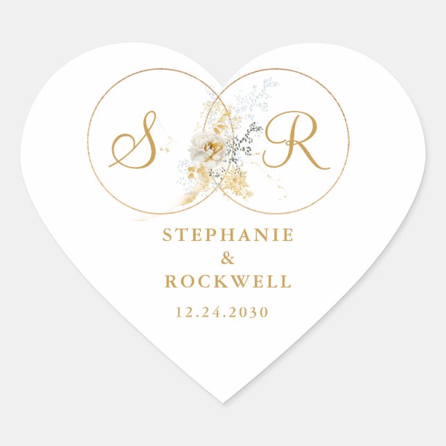 Elegant Gold Monogram Name Initial Wedding Heart Herz-Aufkleber (Vorderseite)