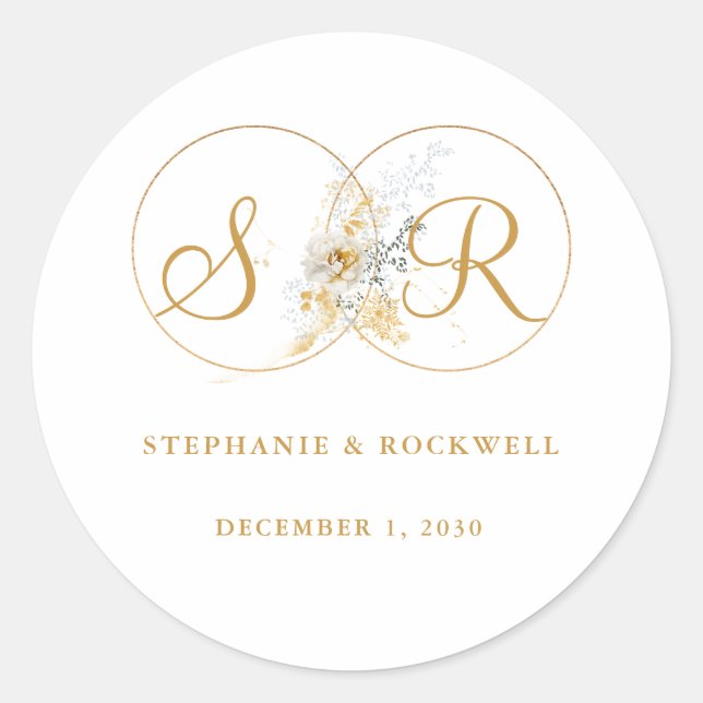 Elegant Gold Monogram Name Initial Wedding Runder Aufkleber (Vorderseite)
