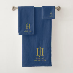 Elegant Gold Monogram Navy Blue Badhandtuch Set