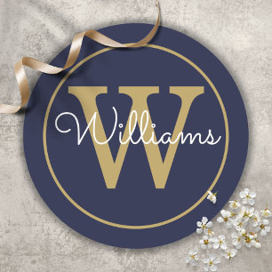 Elegant Gold Monogram Script Name Navy Blue Runder Aufkleber