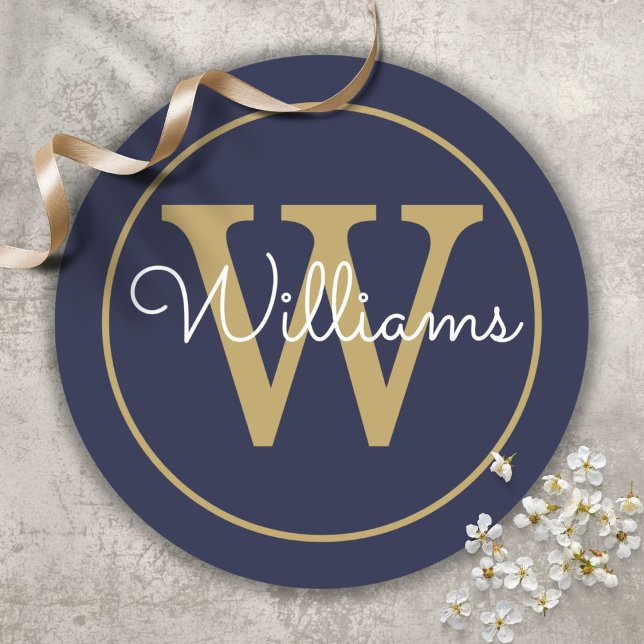 Elegant Gold Monogram Script Name Navy Blue Runder Aufkleber (Elegant Gold Monogram Script Name Navy Blue Classic Round Sticker)