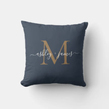 Elegant Gold Monogram Script Names Wedding Blue