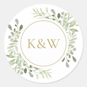 Elegant Gold Monogram Watercolor Greenerity Weddin Runder Aufkleber