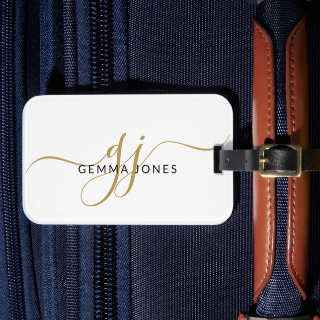 Elegant Gold Monogram White Luggage Tag Gepäckanhänger (Vorderseite Insitu 4)
