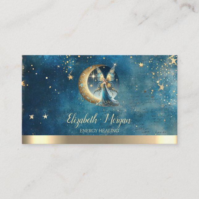 Elegant Gold Moon Fairy Stars Blue Watercolor Visitenkarte (Vorderseite)