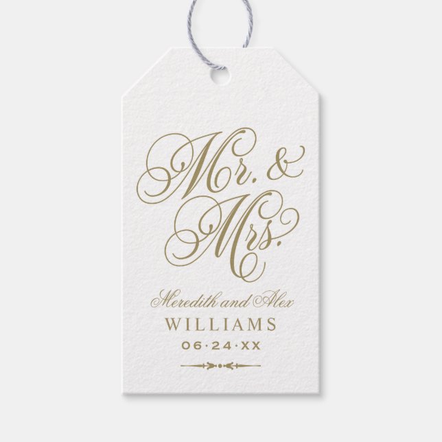 Elegant Gold Mr. und Mrs. Script Custom Monogram Geschenkanhänger (Vorderseite)