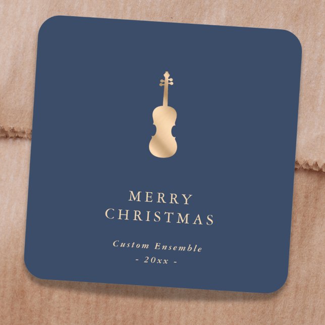 Elegant Gold Music Violin Christmas Blue Quadratischer Aufkleber (Von Creator hochgeladen)