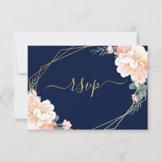 Elegant Gold Navy Blue Blush Peach Floral Wedding RSVP Karte