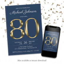 Elegant Gold Navy Blue Classy 80. Geburtstagsparty