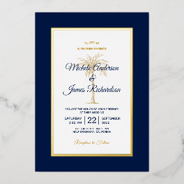 Elegant Gold Navy Blue Palm Tree Beach Hochzeit Folieneinladung