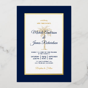 Elegant Gold Navy Blue Palm Tree Beach Hochzeit Folieneinladung