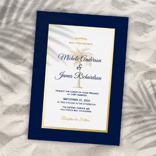 Elegant Gold Navy Blue Palm Tree Tropical Wedding Folieneinladung