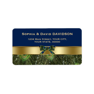 Elegant Gold Navy Blue Peacock Feathers Wedding Adressaufkleber