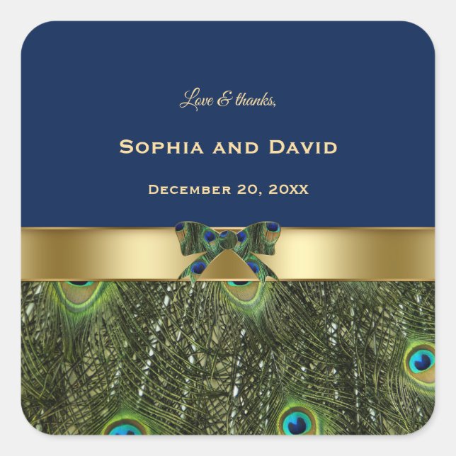 Elegant Gold Navy Blue Peacock Feathers Wedding Quadratischer Aufkleber (Vorderseite)