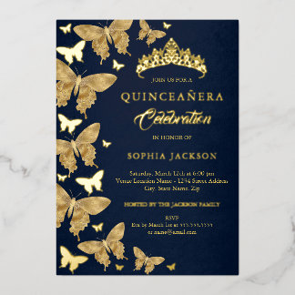 Elegant Gold Navy Butterfly Quinceanera Folieneinladung
