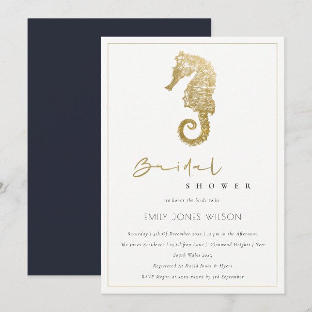 ELEGANT GOLD NAVY SEEPFERD BRAUTPARTY INVITE DANKESKARTE (Vorne/Hinten)