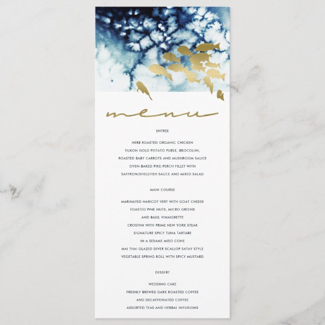ELEGANT GOLD NAVY UNDERWASSER FISH WEDING MENU MENÜKARTE (Vorderseite)