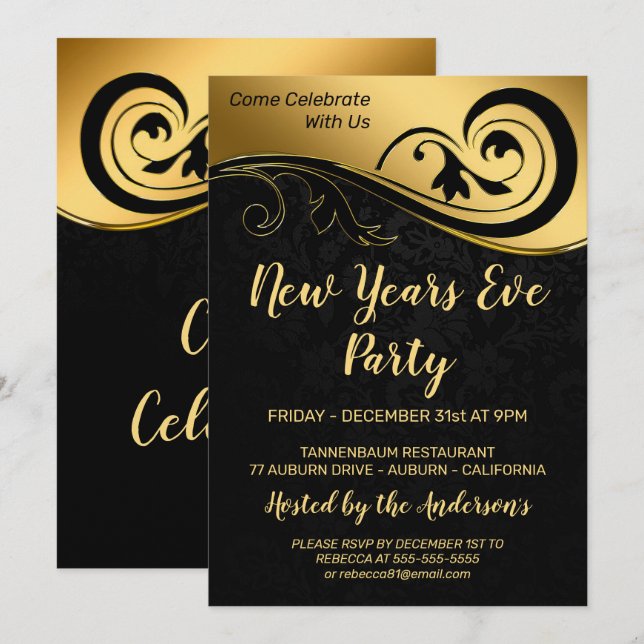 Elegant Gold New Years Einladung (Vorne/Hinten)