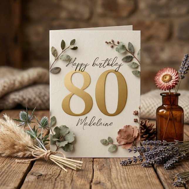 Elegant Gold Number Botanical Floral 80th Birthday Karte (Von Creator hochgeladen)