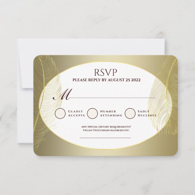 Elegant Gold Oval Feather RSVP Card Karte (Vorderseite)